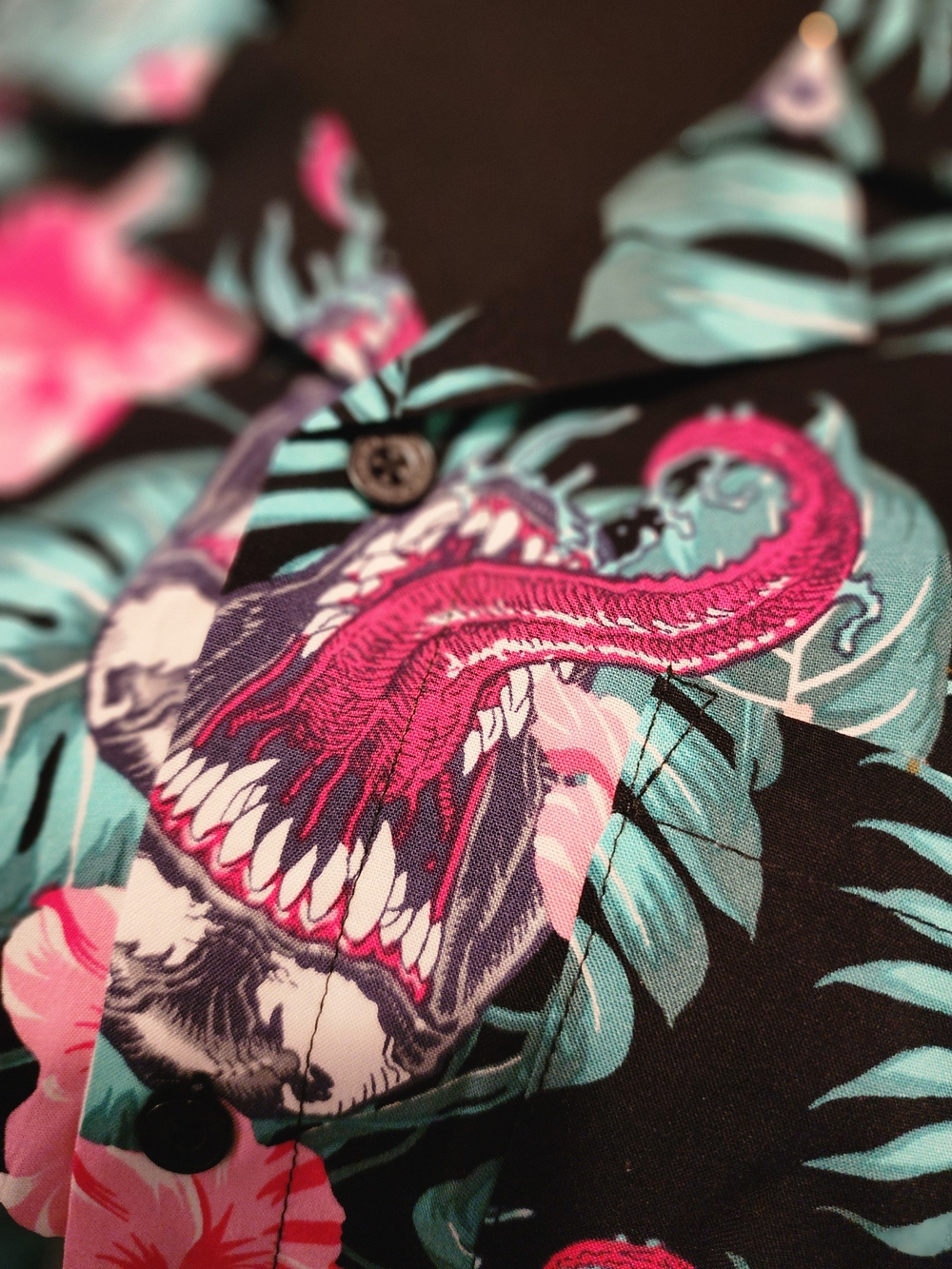 Tropical Floral Button-Up Shirt - Black with Pink & Teal - Picture 4 of 4